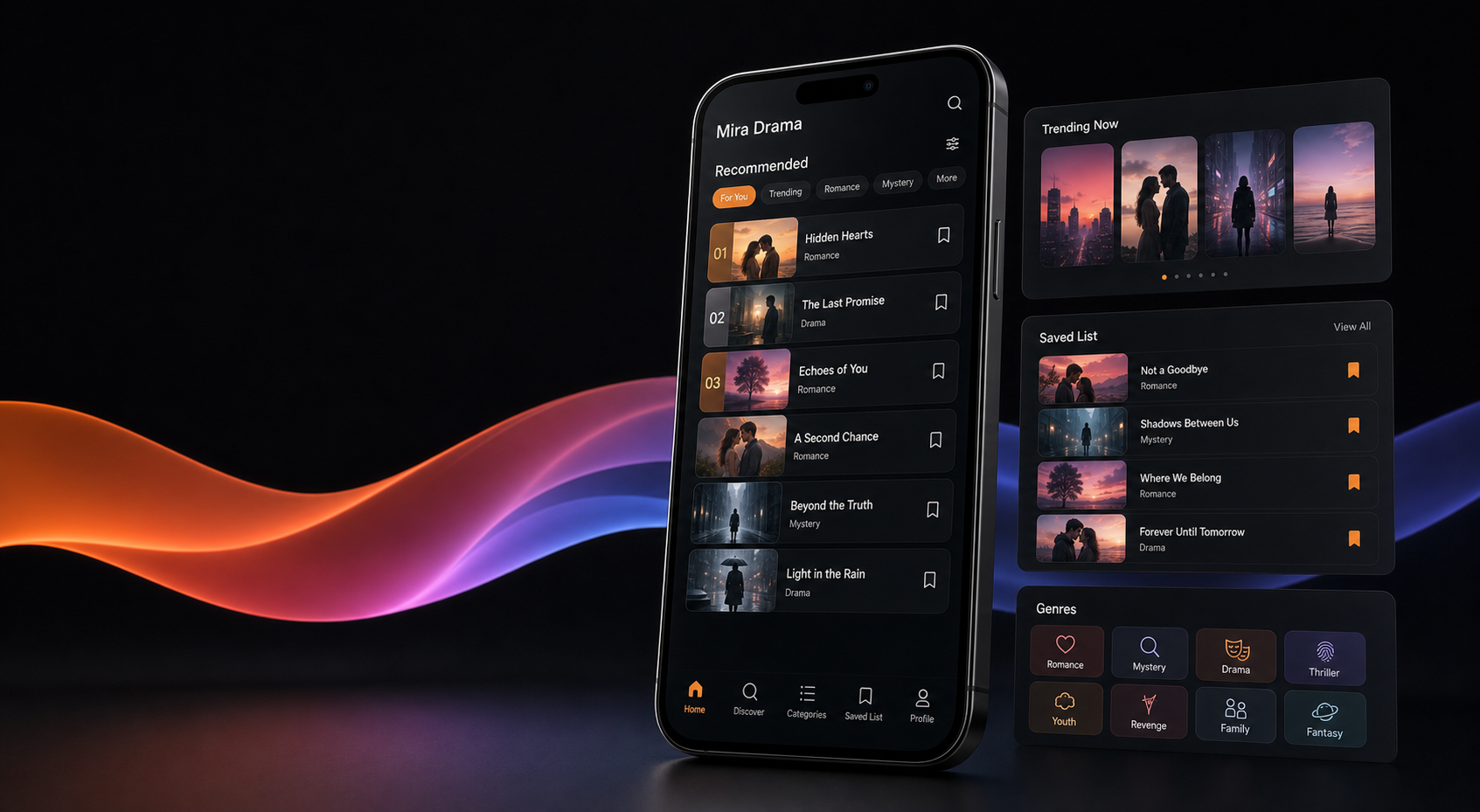 Mira Drama app interface mockup with short-drama recommendation lists